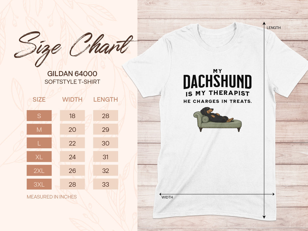 Size chart for a Gildan 64000 softstyle t-shirt with dachshund graphic.