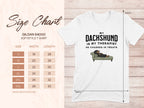 Size chart for a Gildan 64000 softstyle t-shirt with dachshund graphic.