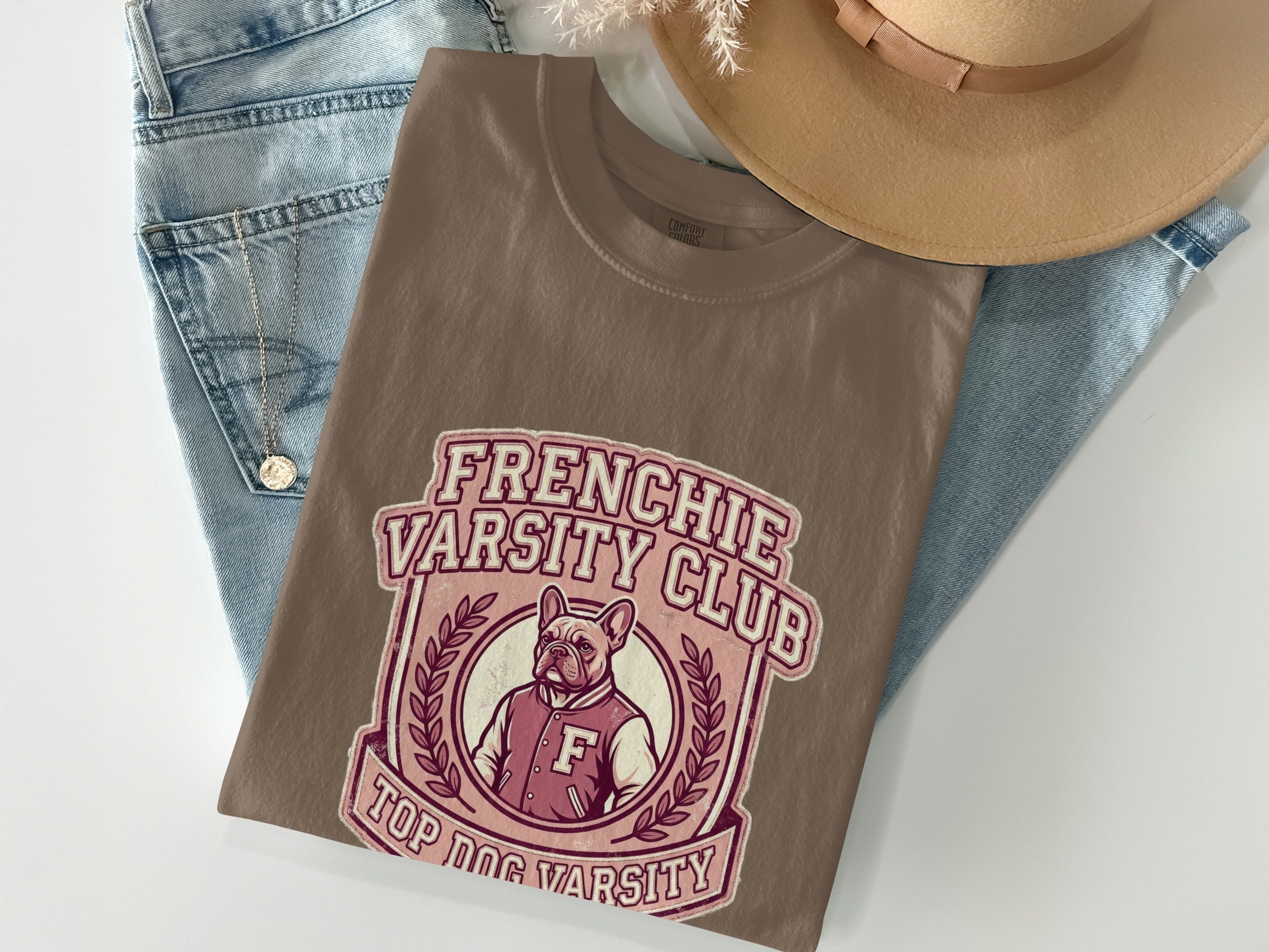 Brown t-shirt with "Frenchie Varsity Club" graphic and bulldog.