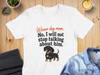 White t-shirt with dachshund graphic and "Wiener dog mom" text.