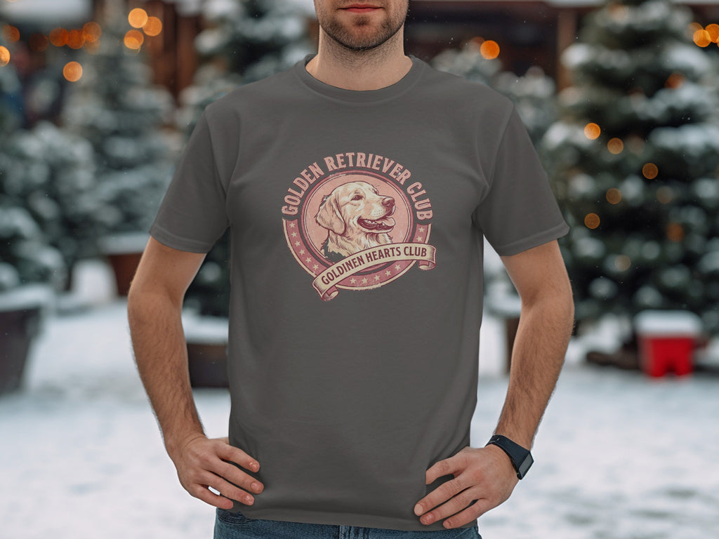 Grey t-shirt with Golden Retriever Club, Golden Hearts Club text and dog graphic.