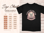 French Bulldog Paris Social Club t-shirt size chart with measurements.