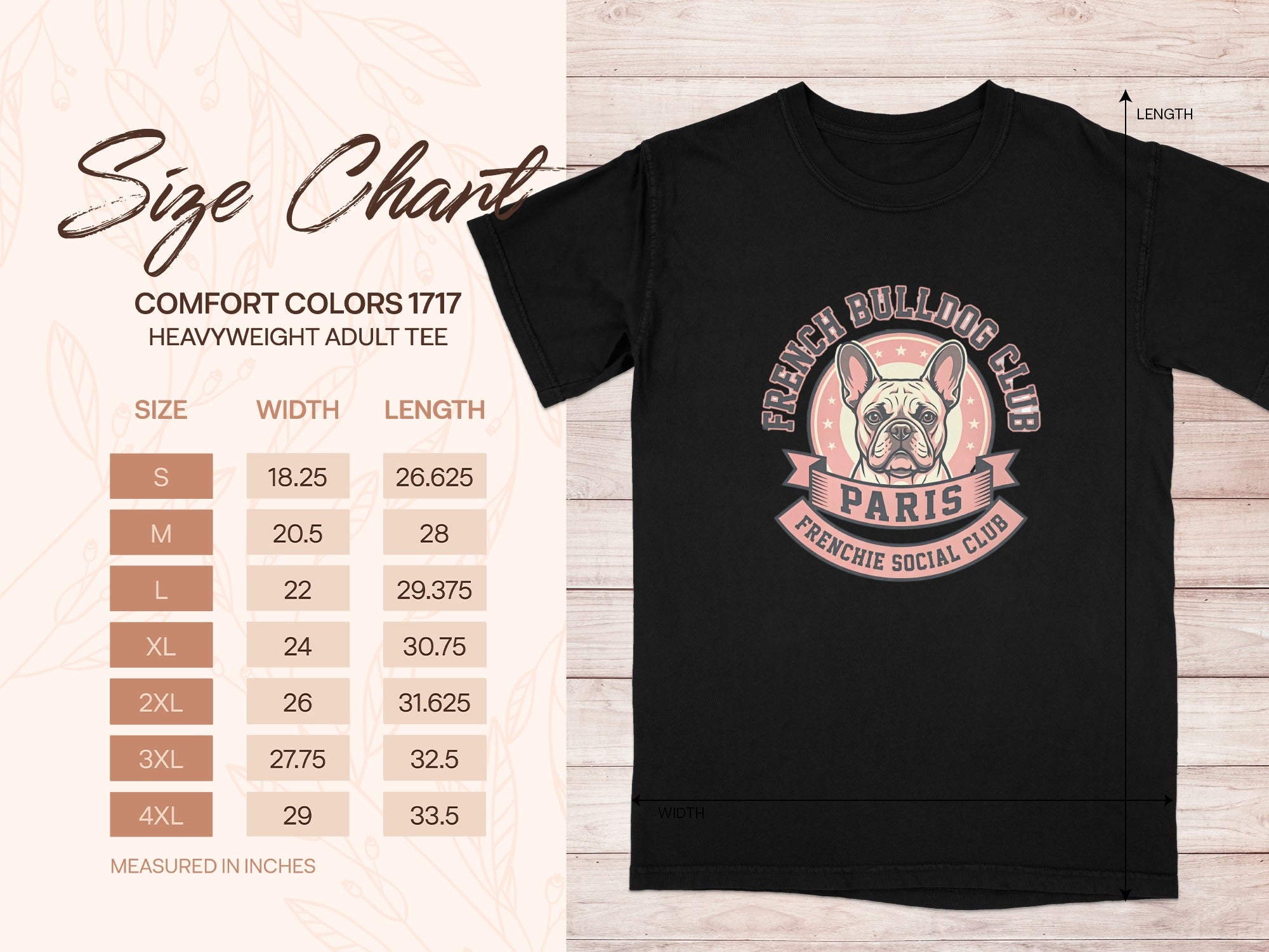 French Bulldog Paris Social Club t-shirt size chart with measurements.