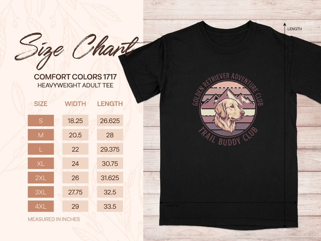 Size chart for a Golden Retriever Adventure Club heavyweight adult t-shirt.