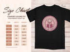 Frenchie Varsity Club t-shirt size chart with measurements for Comfort Colors 1717 heavyweight adult tee.