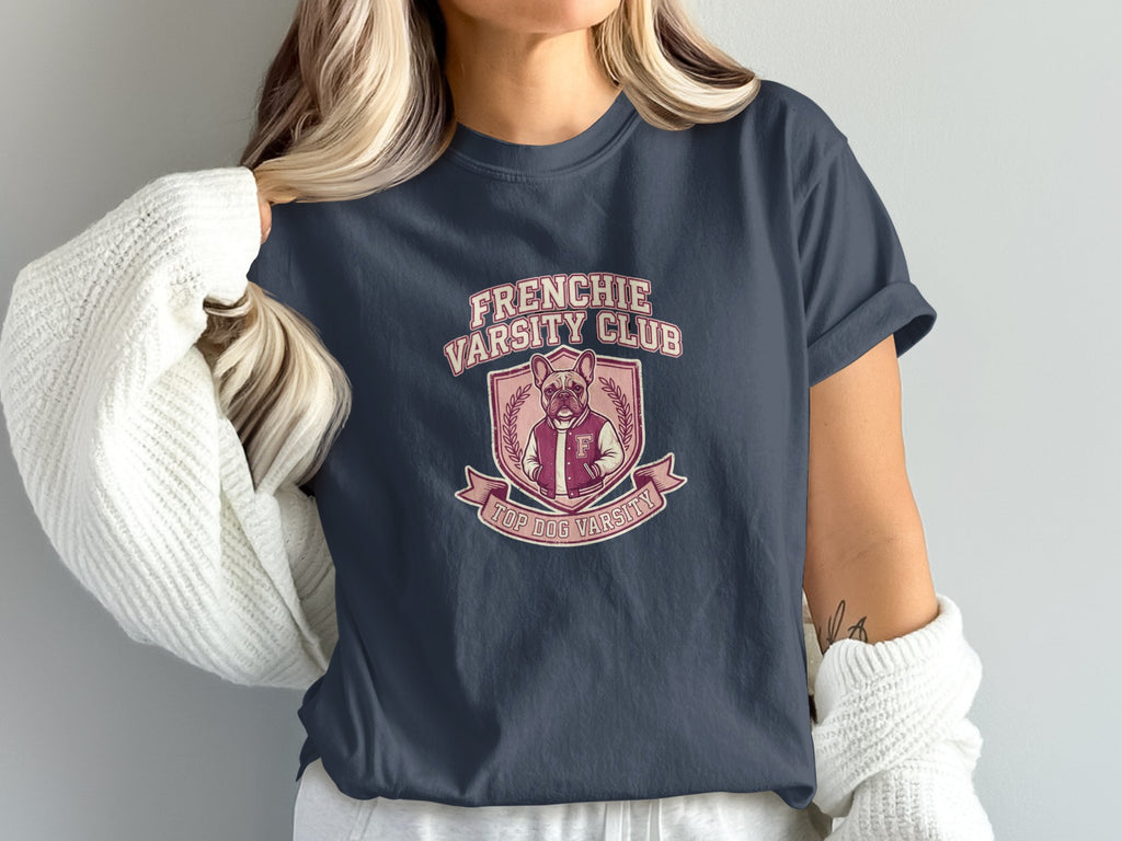 Navy t-shirt with a pink and white French bulldog varsity club crest.