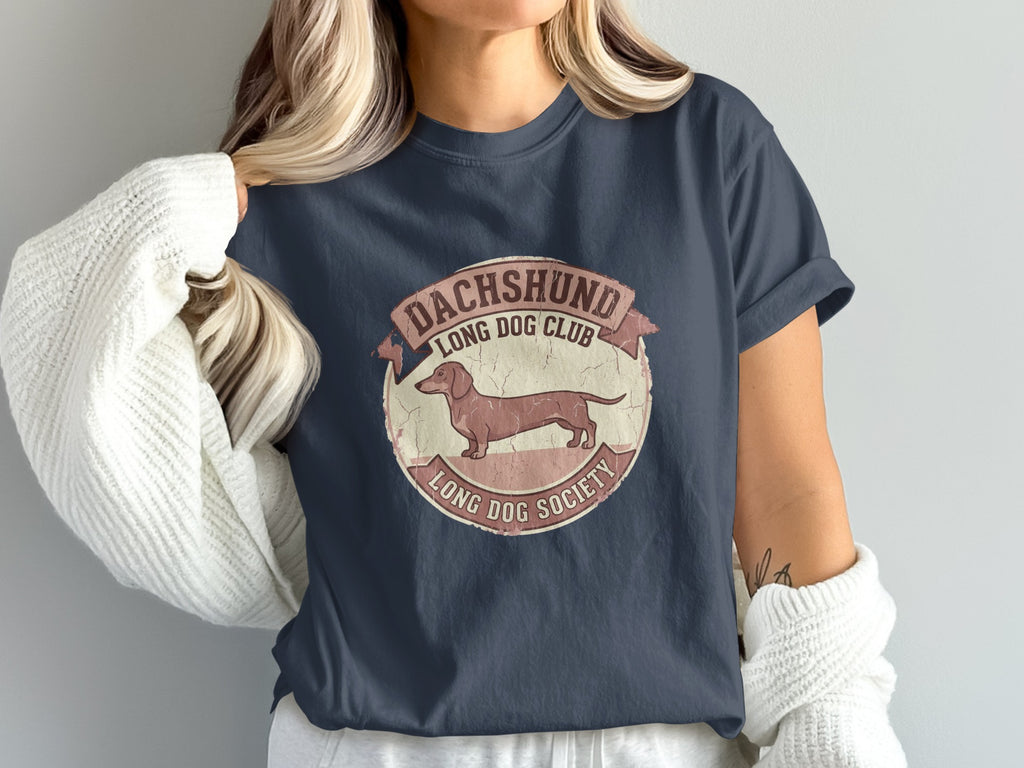 Dachshund Long Dog Club Long Dog Society logo on a navy t-shirt.