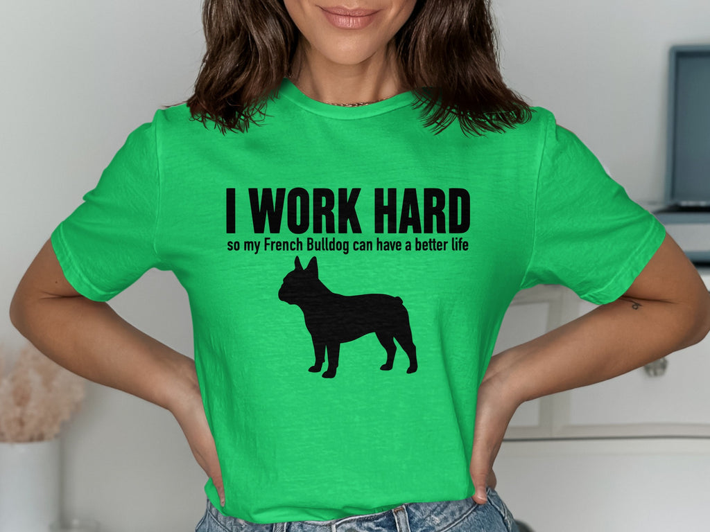 Green t-shirt with black text and French Bulldog silhouette.