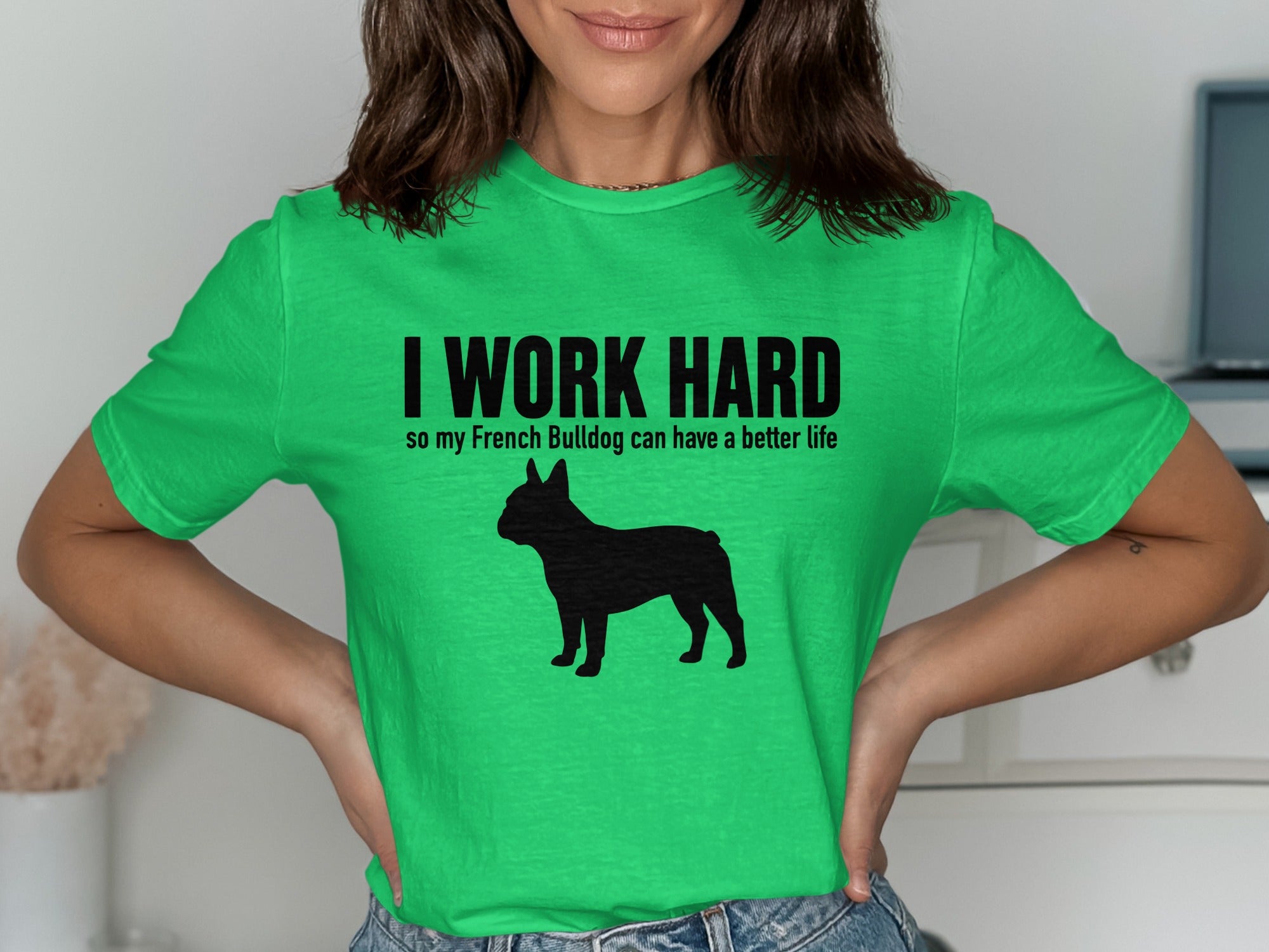 Green t-shirt with black text and French Bulldog silhouette.