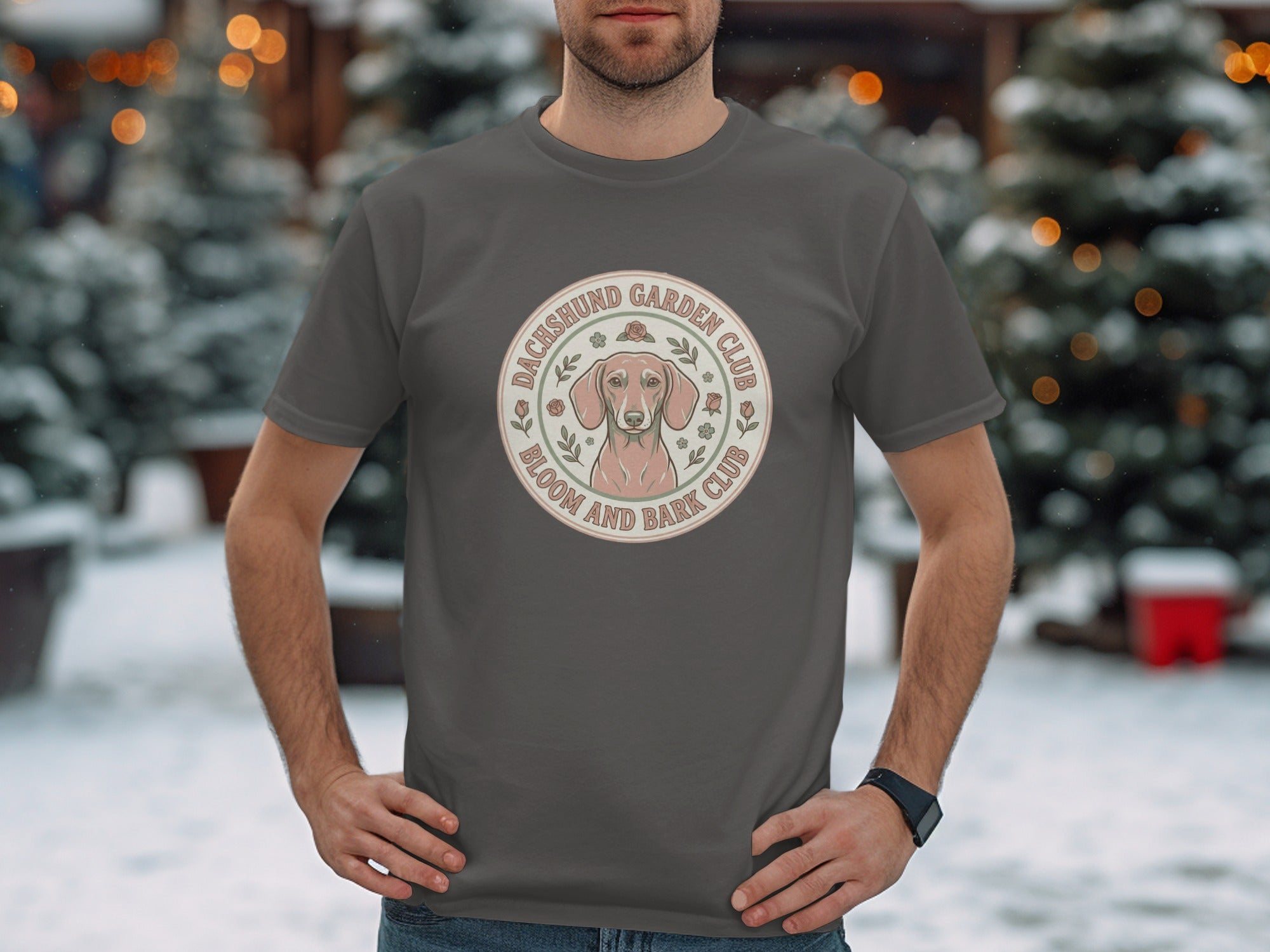 Gray t-shirt with Dachshund Garden Club logo featuring a dachshund illustration and floral accents.
