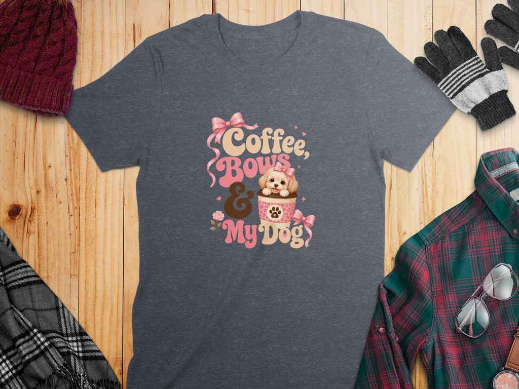 T-shirt with "Coffee, Bows & My Dog" text and a cartoon dog.