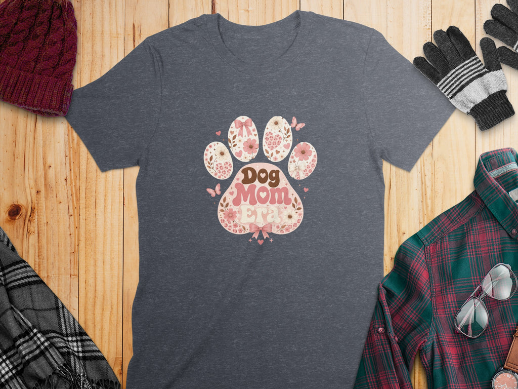Dark gray t-shirt with "Dog Mom Pray" in pink paw print design.