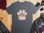 Dark gray t-shirt with "Dog Mom Pray" in pink paw print design.