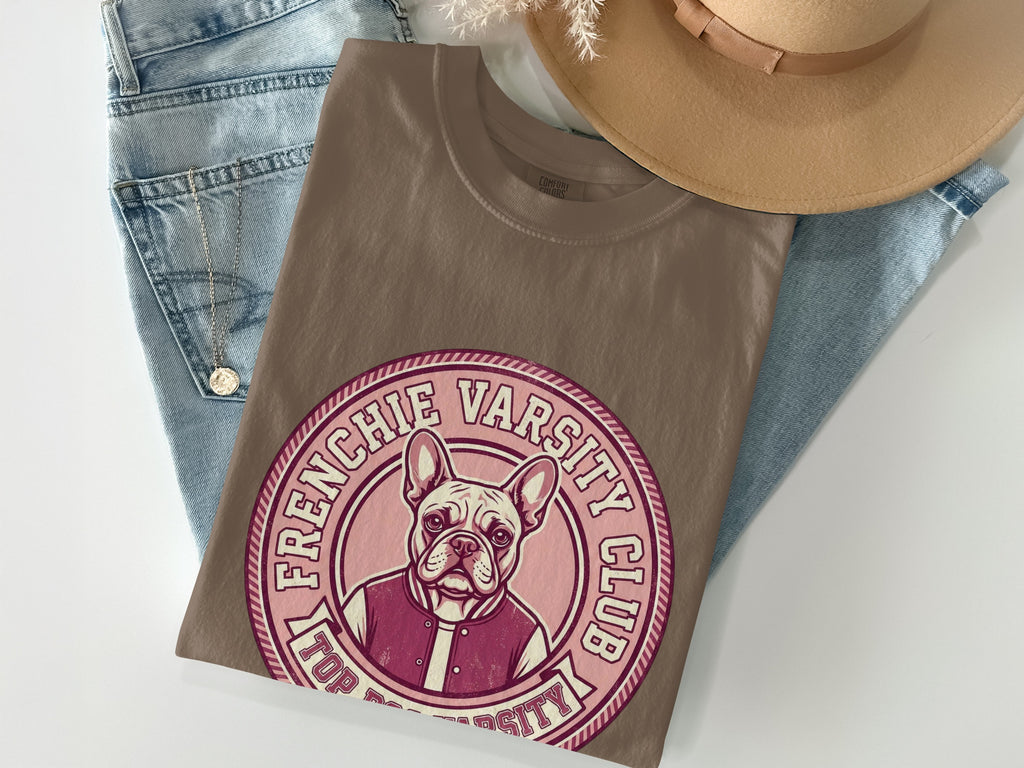Brown t-shirt with Frenchie Varsity Club logo featuring a bulldog.