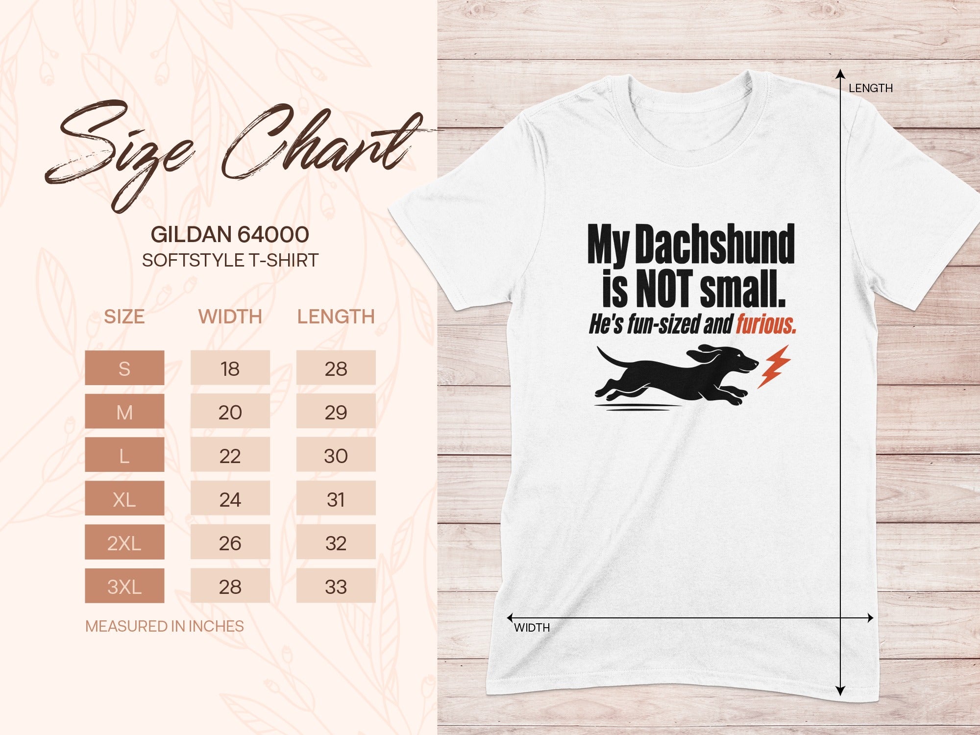 White Gildan softstyle t-shirt with dachshund graphic and size chart.