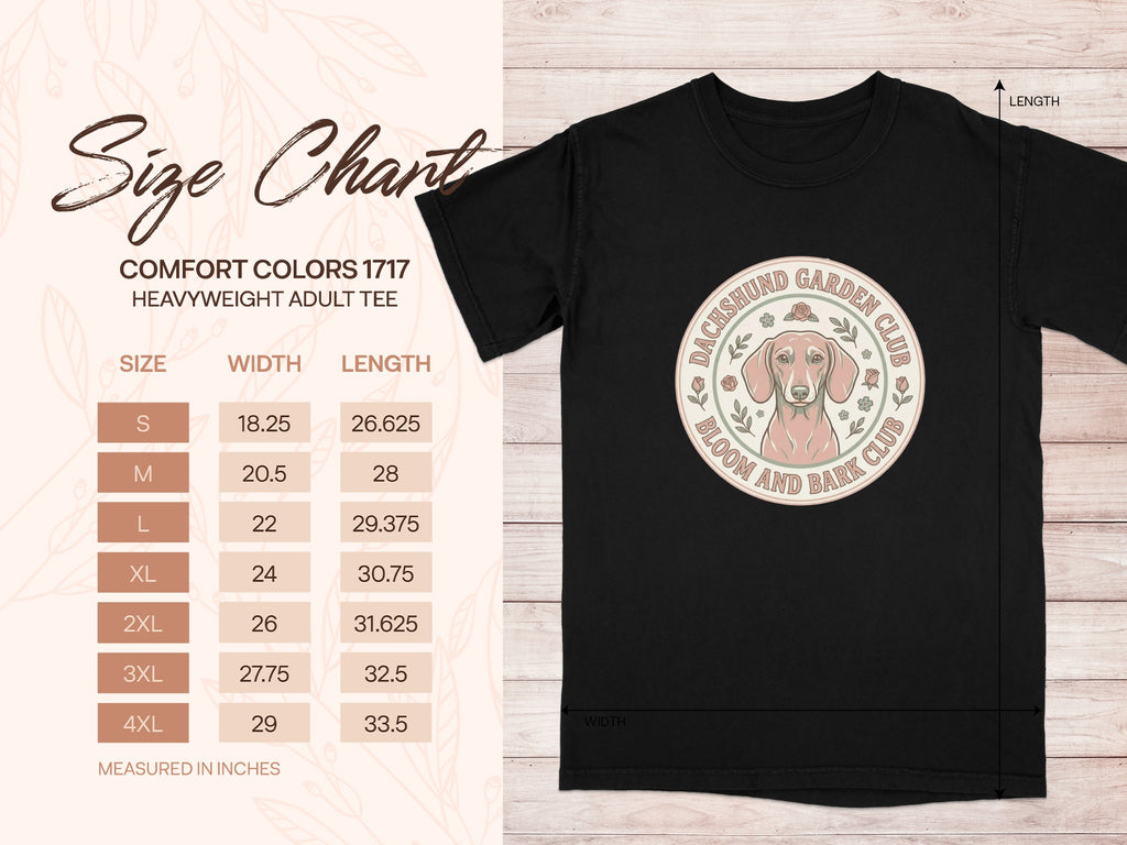 Size chart for black t-shirt with dachshund garden club graphic.
