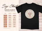 Size chart for black t-shirt with dachshund garden club graphic.