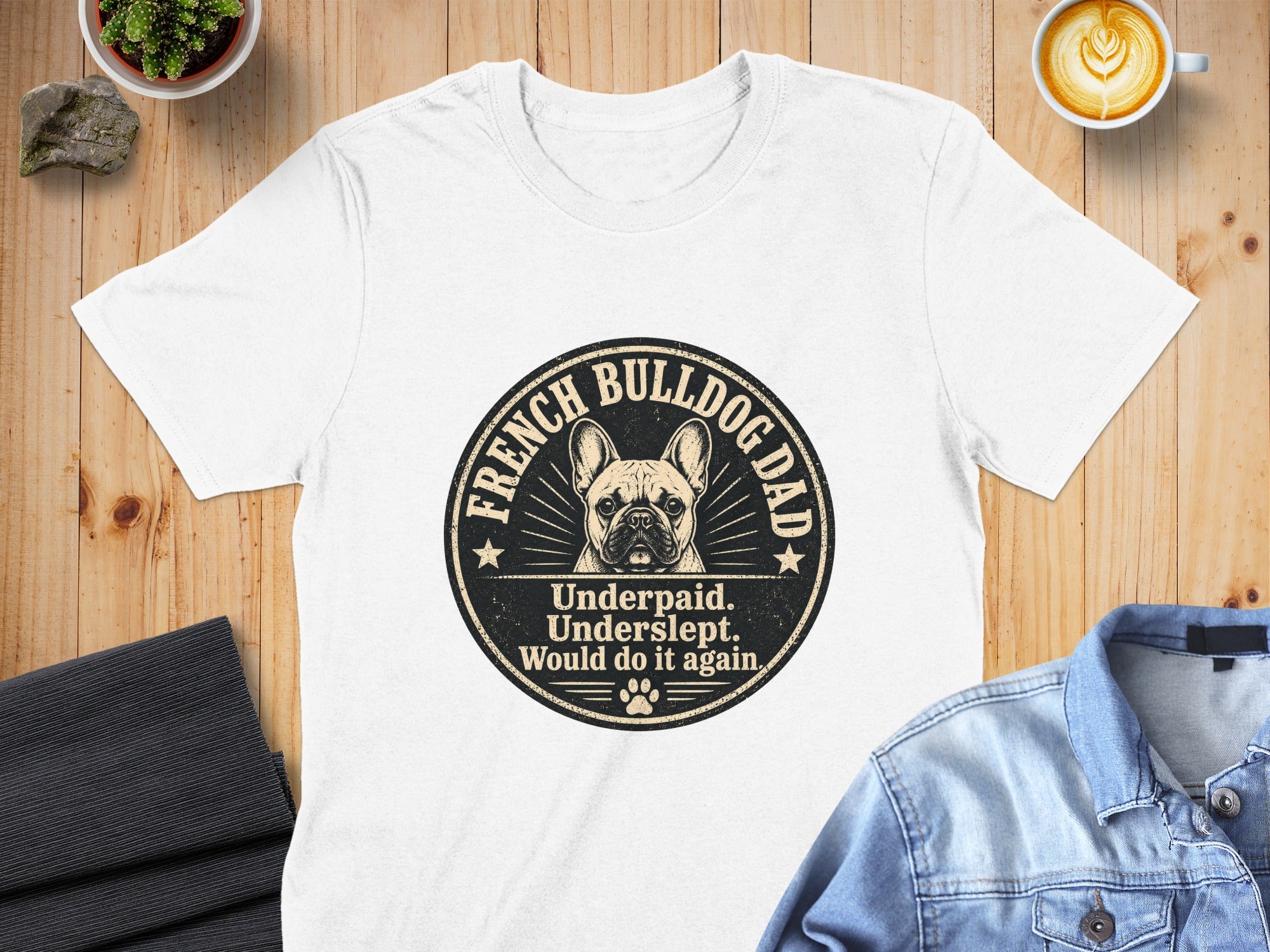 White t-shirt with French Bulldog Dad graphic: "Underpaid. Underslept. Would do it again."