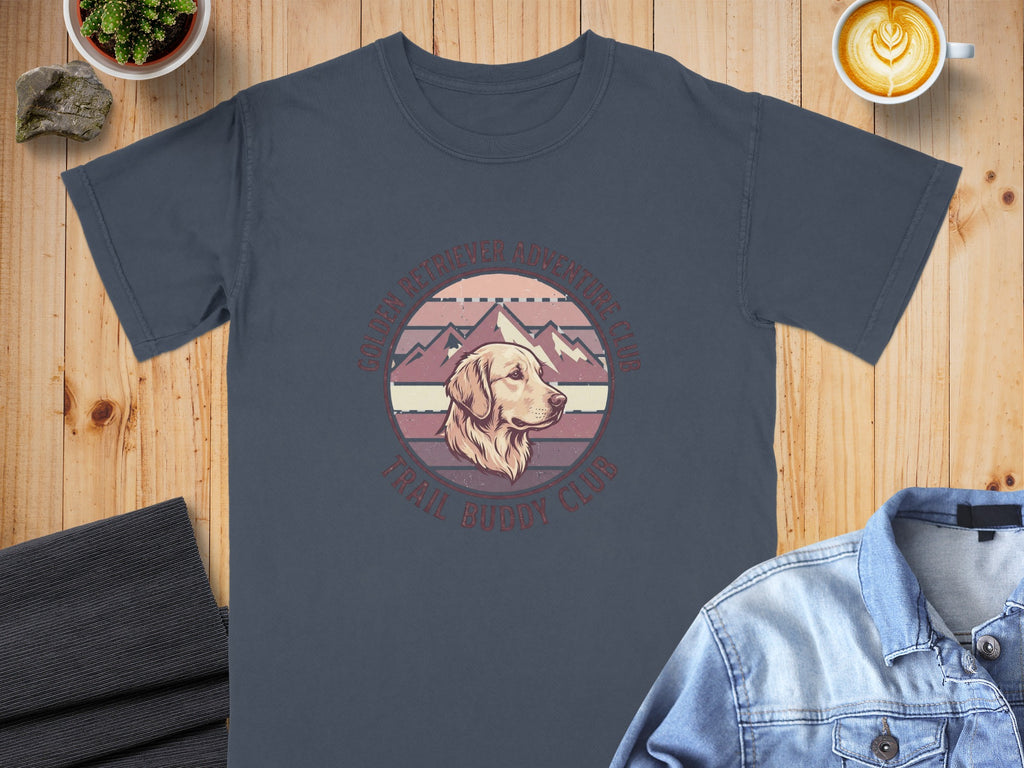 T-shirt with Golden Retriever "Trail Buddy Club" graphic and mountain backdrop.