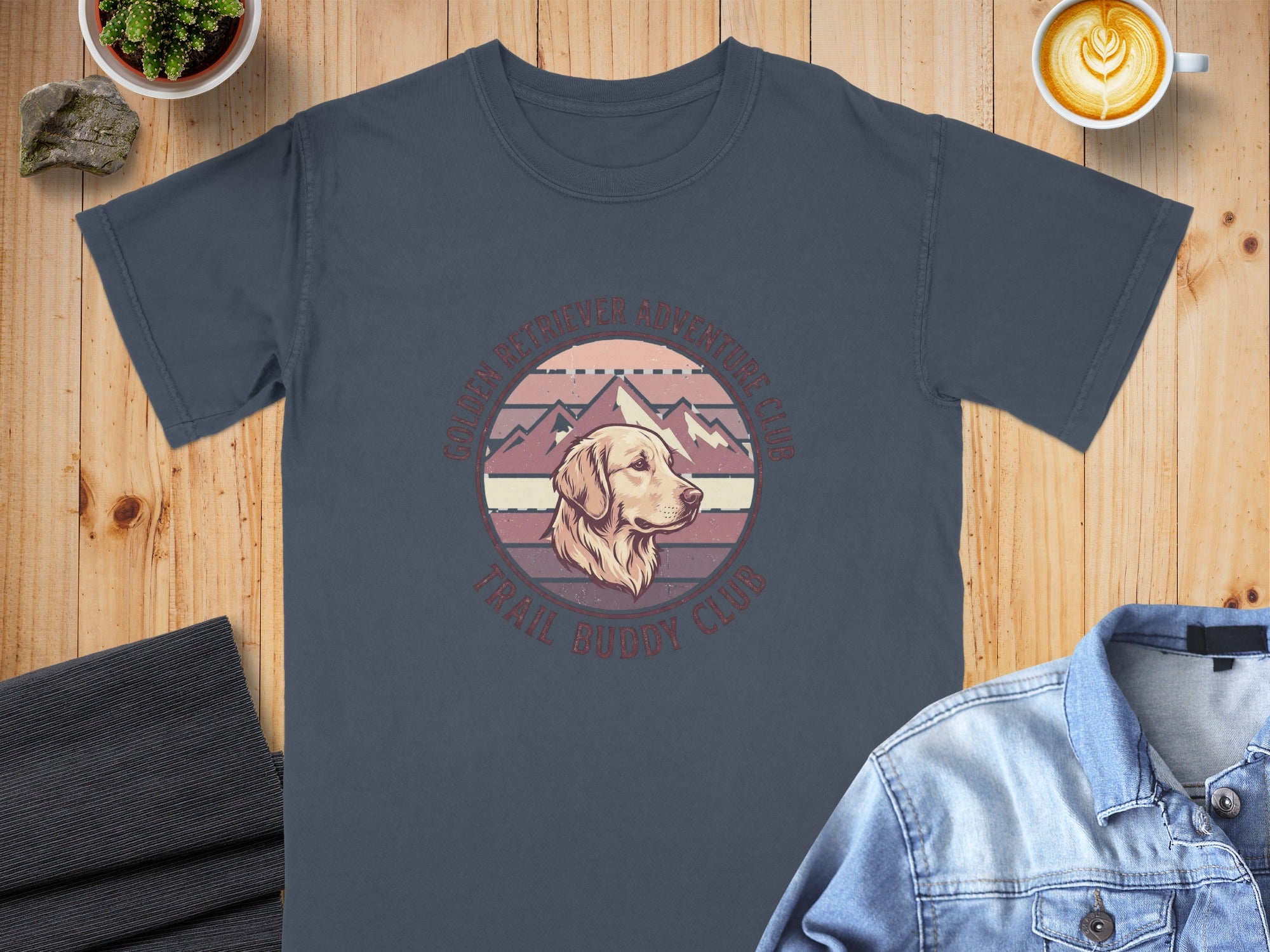 T-shirt with Golden Retriever "Trail Buddy Club" graphic and mountain backdrop.