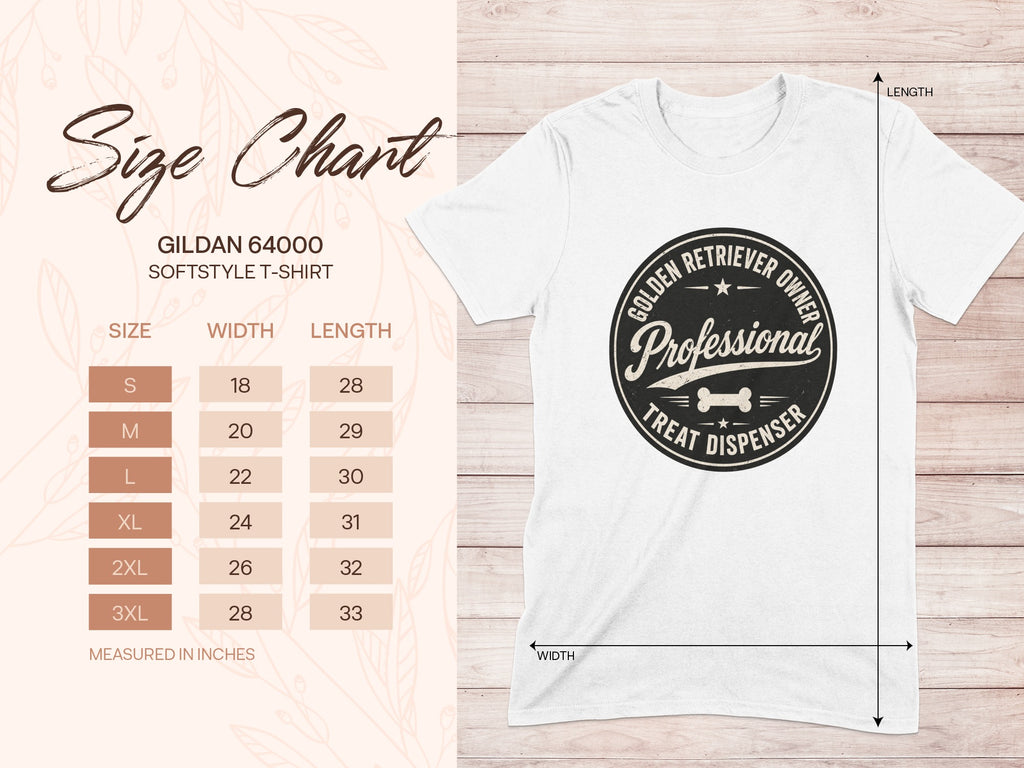 Gildan 64000 softstyle t-shirt size chart with dimensions for width and length.