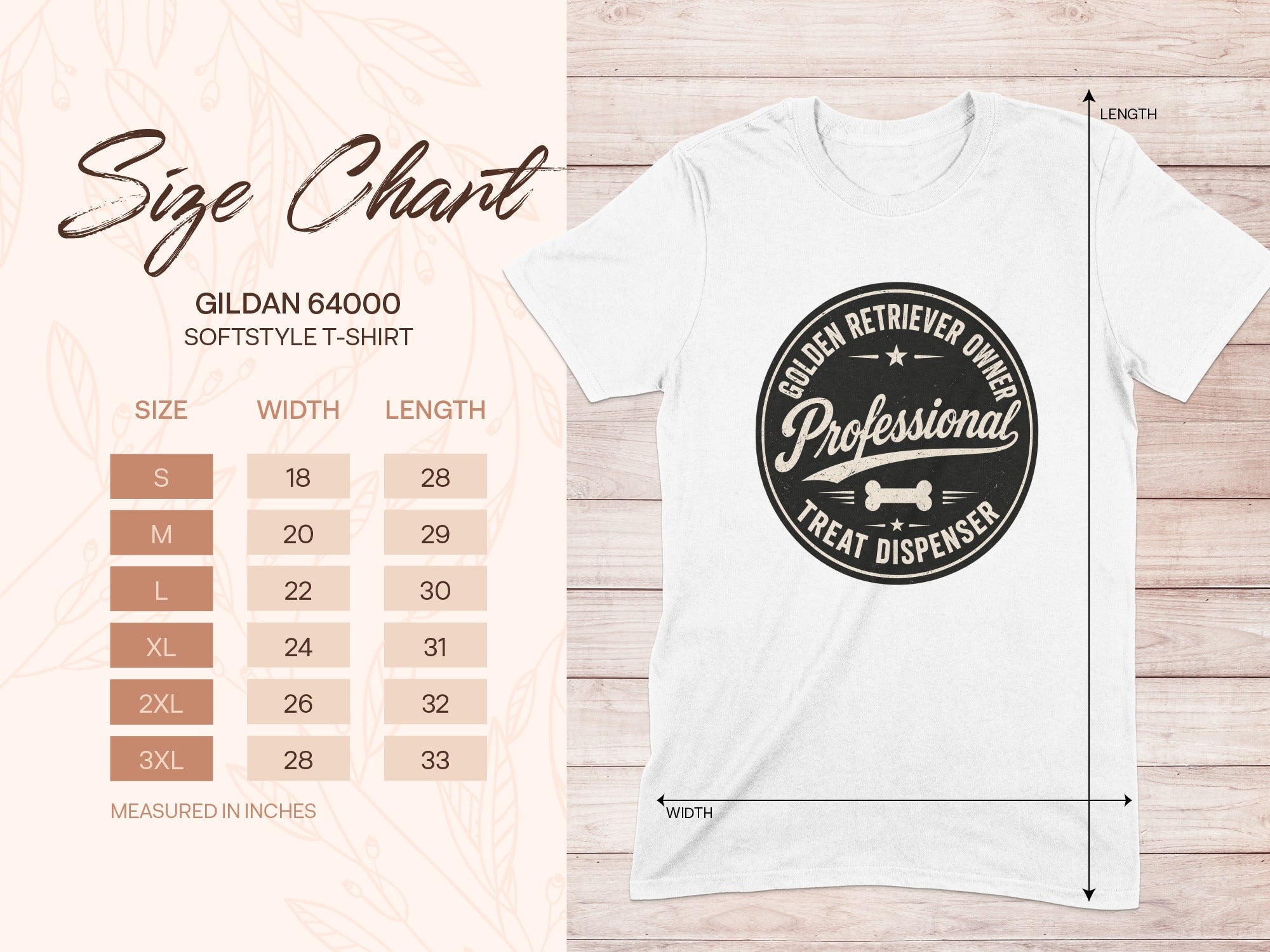 Gildan 64000 softstyle t-shirt size chart with dimensions for width and length.