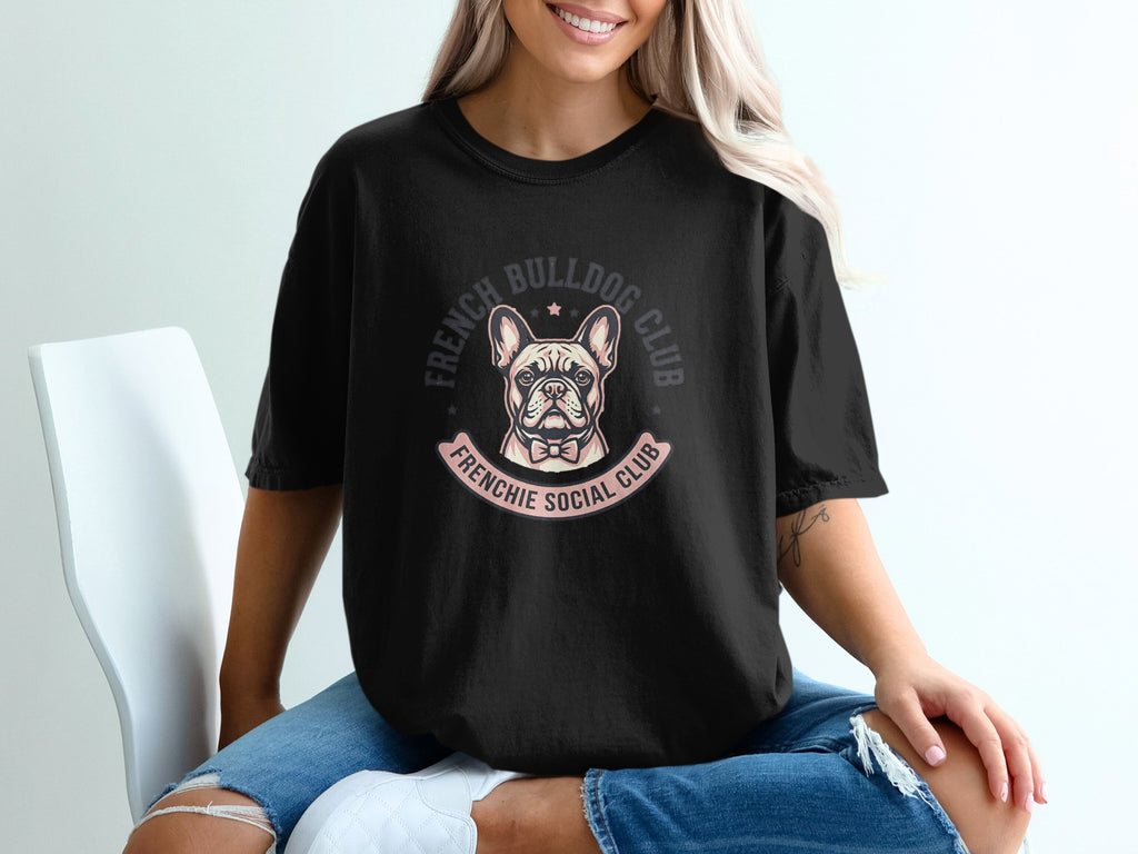Black t-shirt with "French Bulldog Club" and a French bulldog graphic.