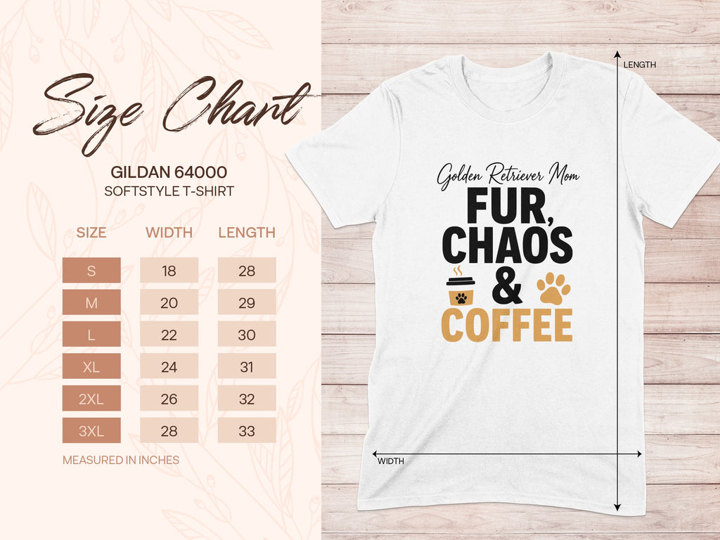 White t-shirt with "Golden Retriever Mom Fur, Chaos & Coffee" graphic and size chart.