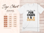 White t-shirt with "Golden Retriever Mom Fur, Chaos & Coffee" graphic and size chart.