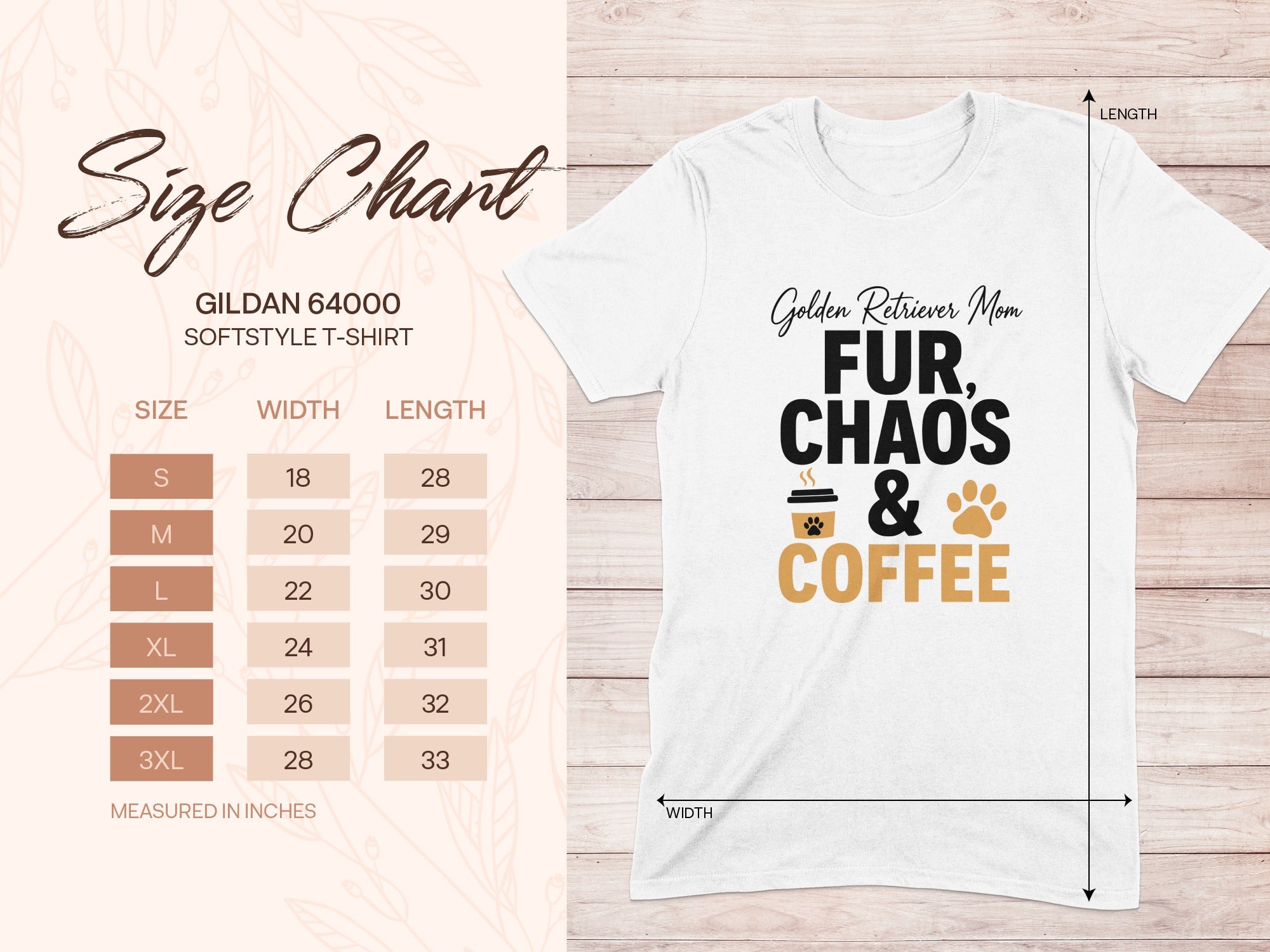 White t-shirt with "Golden Retriever Mom Fur, Chaos & Coffee" graphic and size chart.