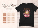 Gildan 64000 size chart with a black t-shirt featuring a dog and text.