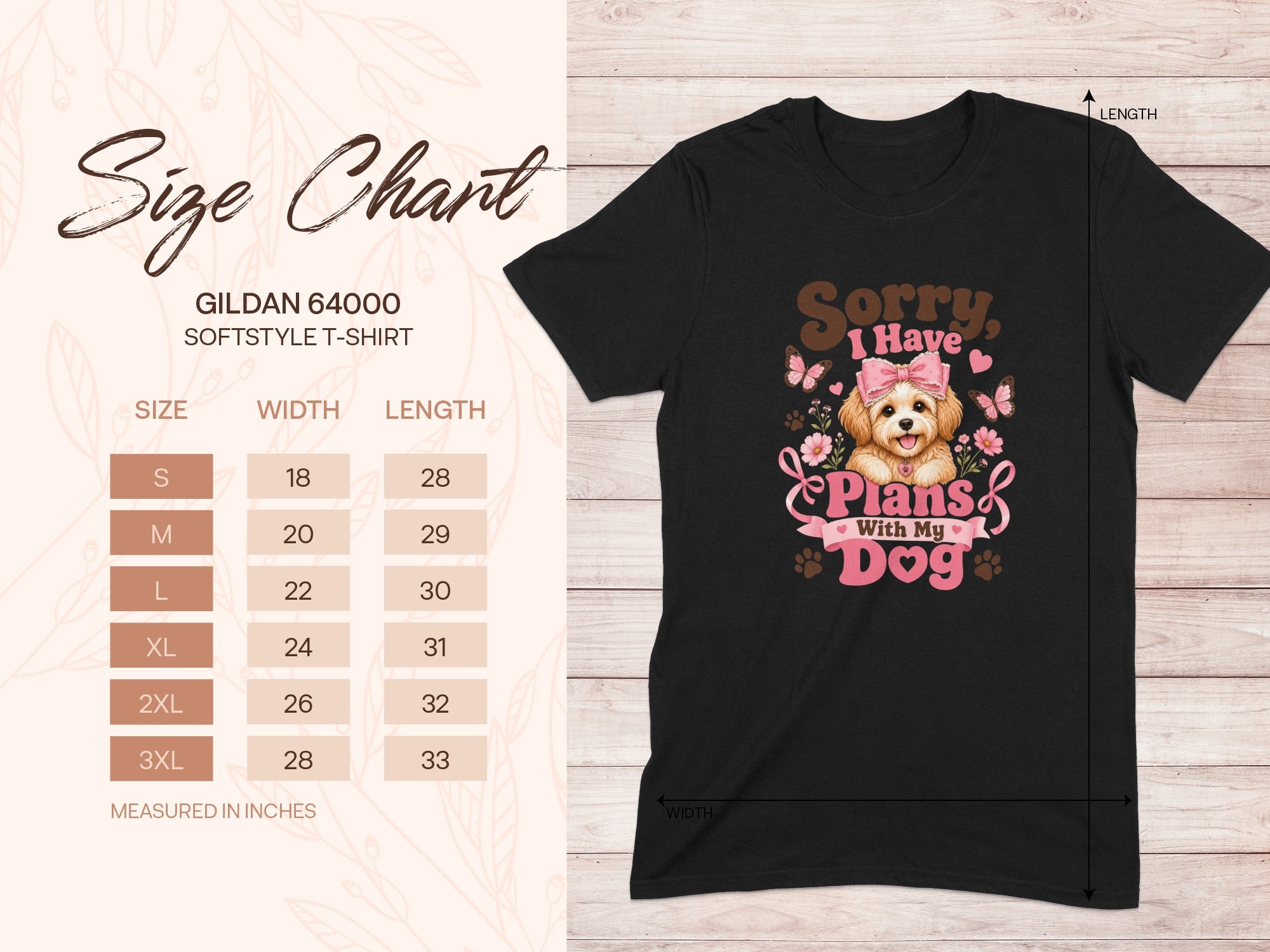 Gildan 64000 size chart with a black t-shirt featuring a dog and text.