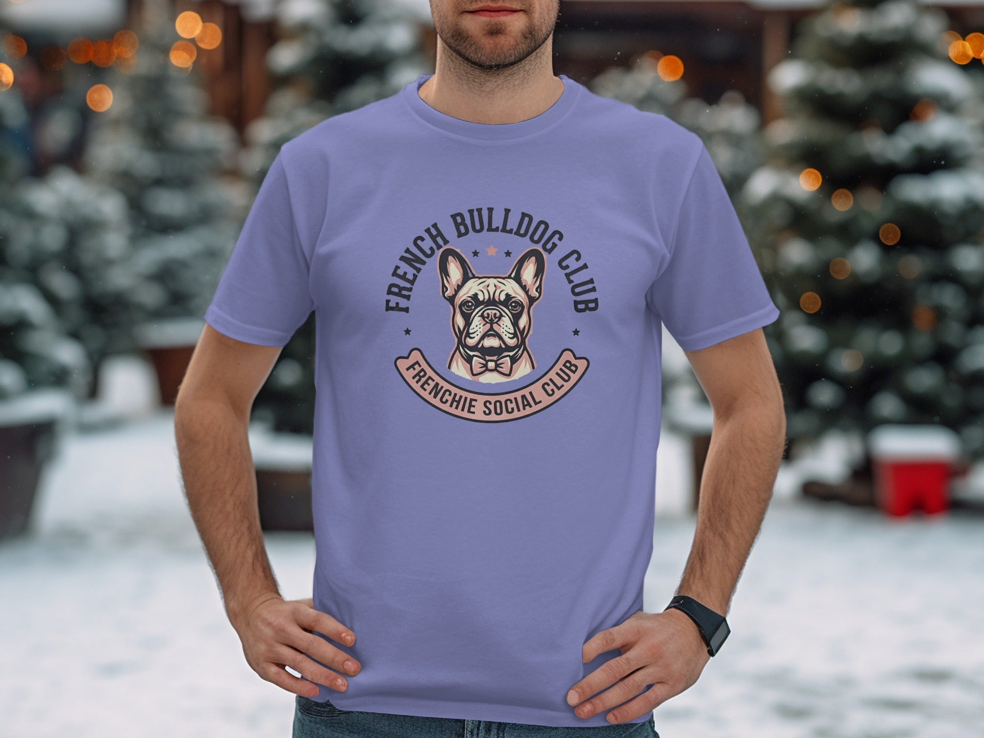 Purple t-shirt with "French Bulldog Club Frenchie Social Club" text and bulldog graphic.