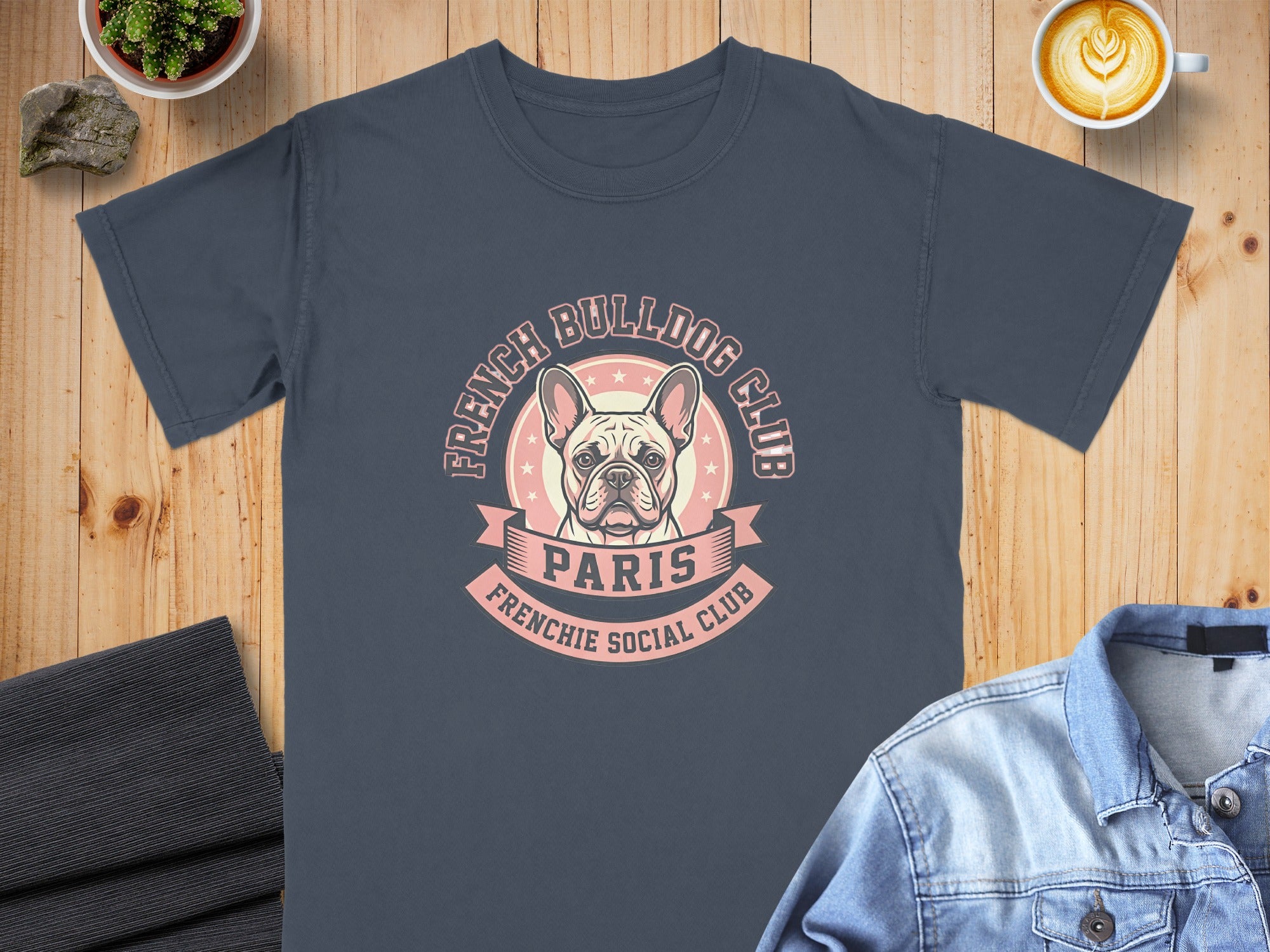 French Bulldog Club Paris social club logo on a dark blue t-shirt.