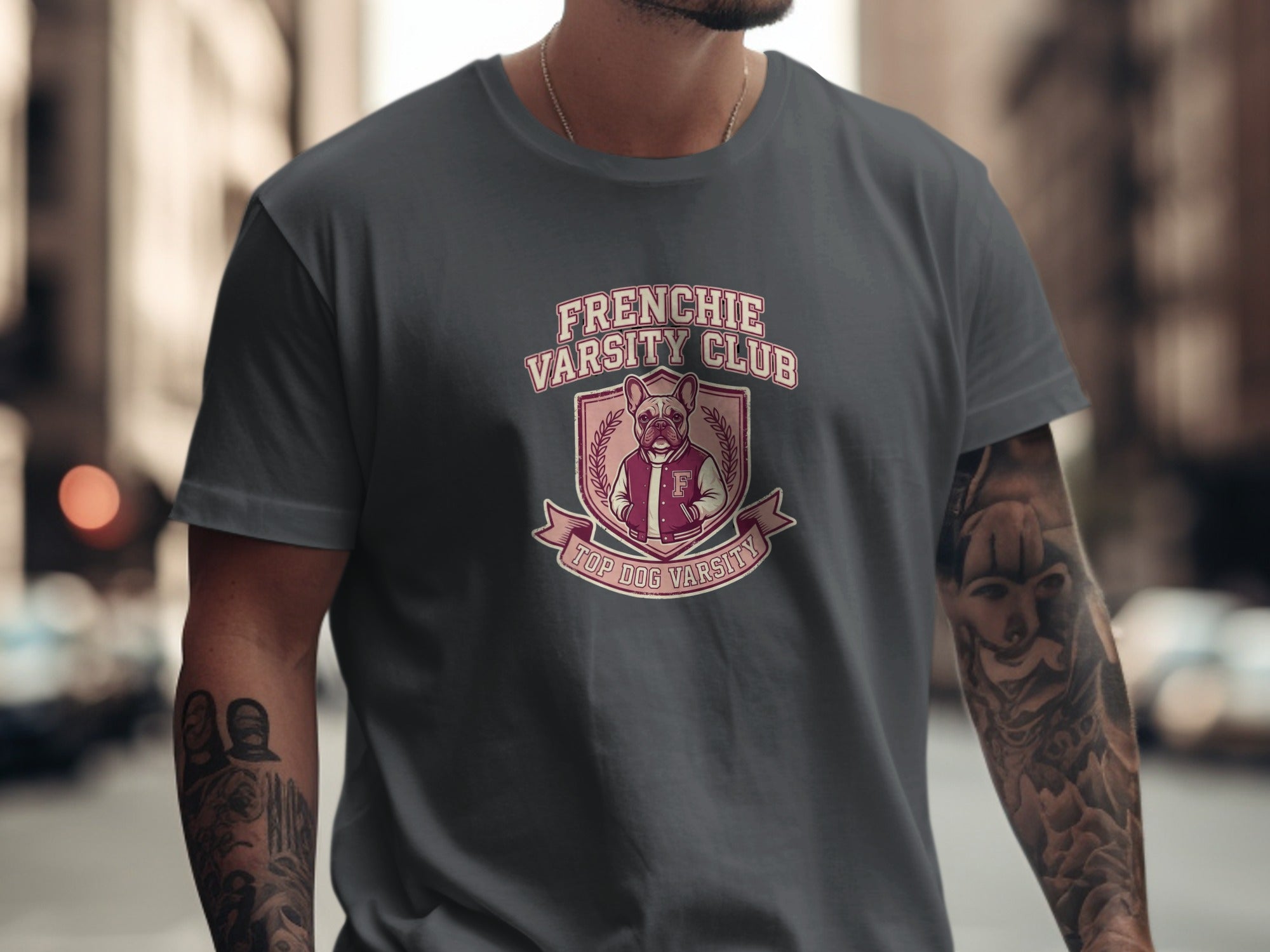Frenchie Varsity Club t-shirt with bulldog logo.