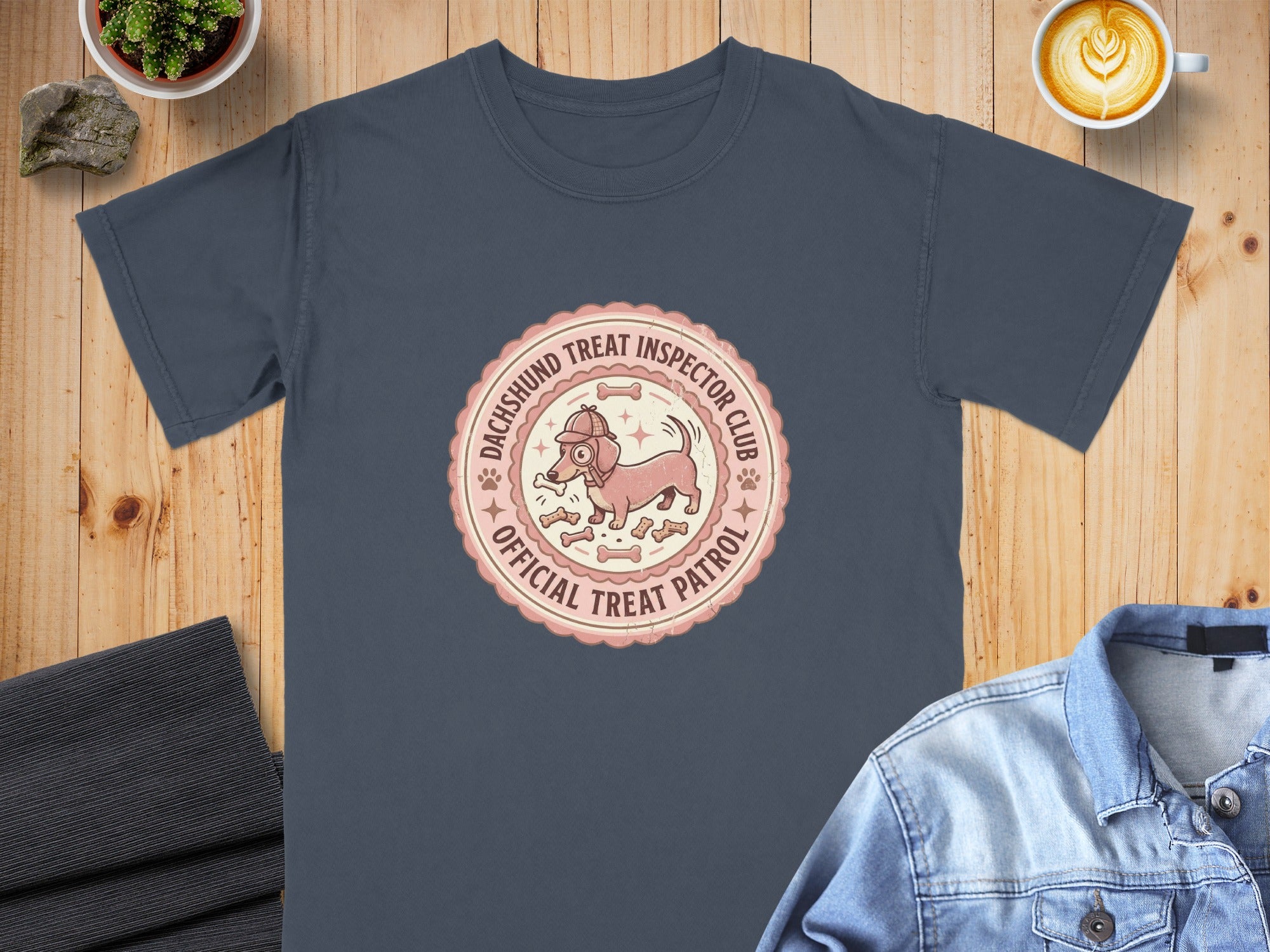 Dachshund Treat Inspector Club official treat patrol logo on a dark blue t-shirt.