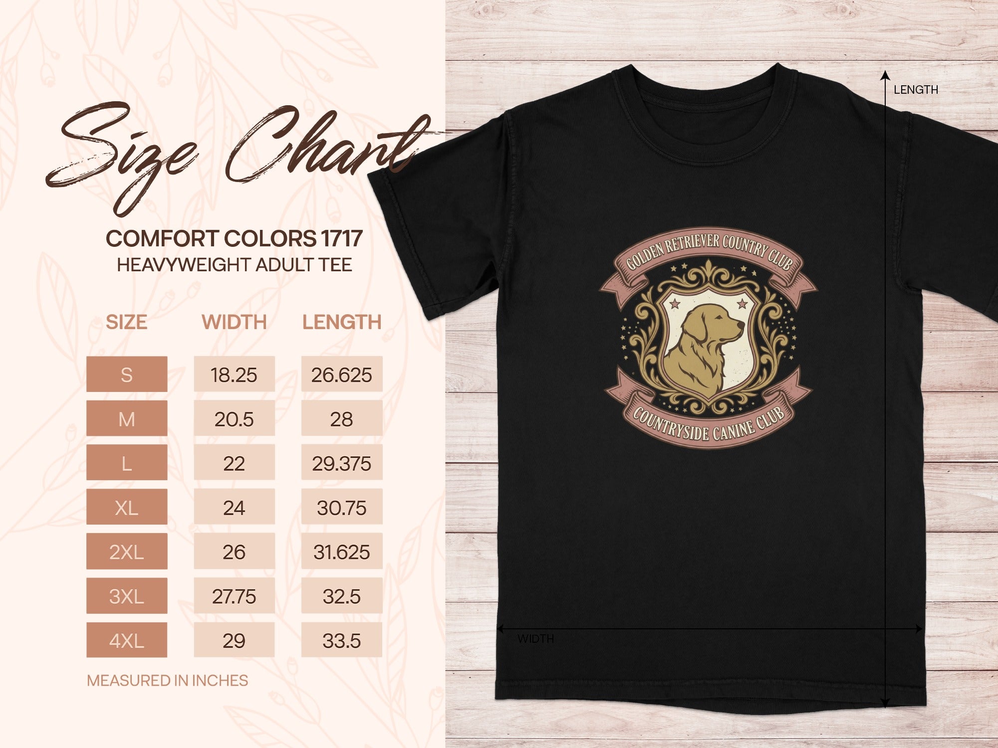 Comfort Colors 1717 size chart for heavyweight adult tee with Golden Retriever club graphic.
