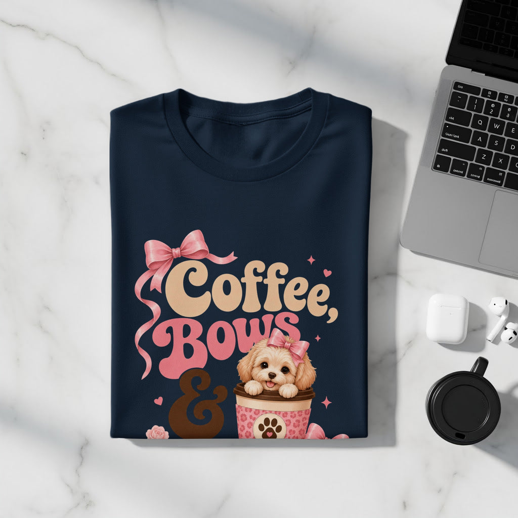 Navy t-shirt with "Coffee, Bows, &" text and a puppy in a coffee cup.