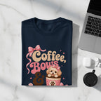 Navy t-shirt with "Coffee, Bows, &" text and a puppy in a coffee cup.