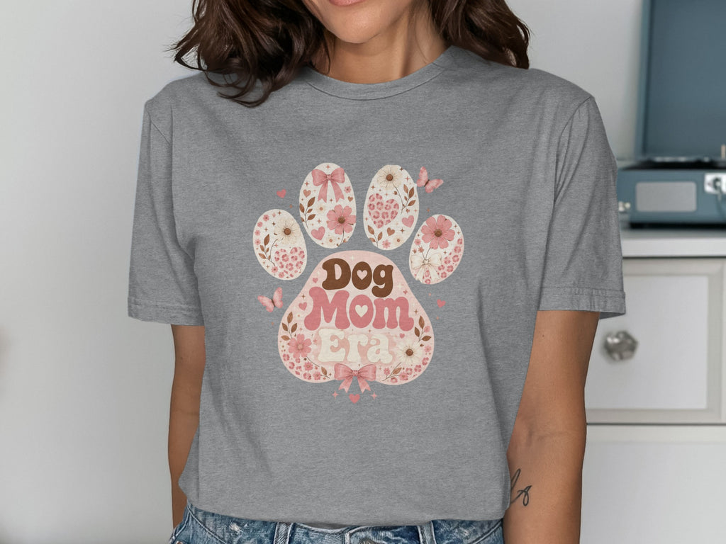 Dog Mom paw print with flowers, bows, and butterflies.
