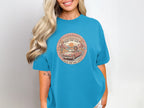 Dachshund road trip club graphic on blue t-shirt.