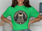 Green t-shirt with French Bulldog Dad graphic and humorous text.