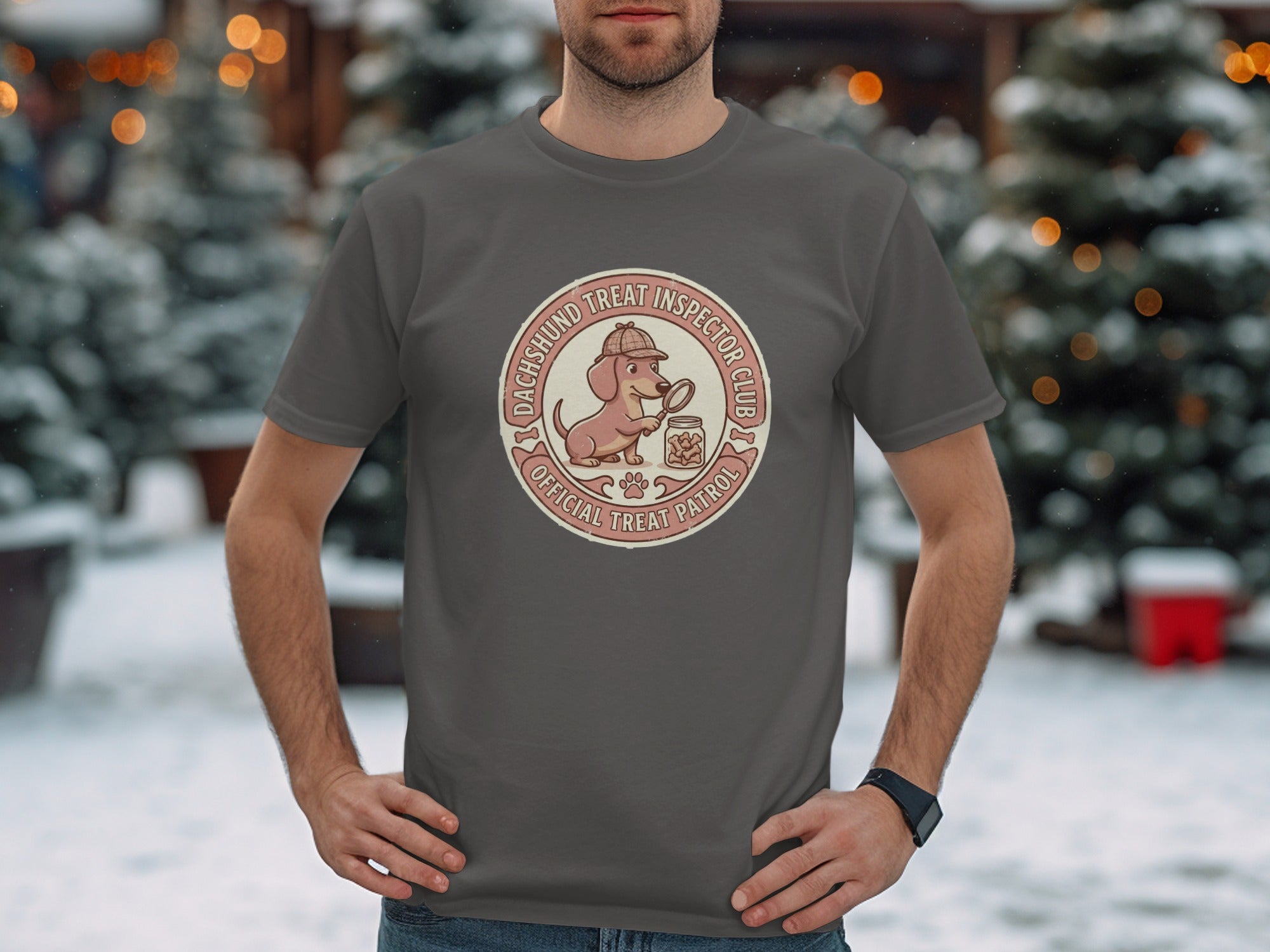Dachshund Treat Inspector Patrol emblem on a grey t-shirt.