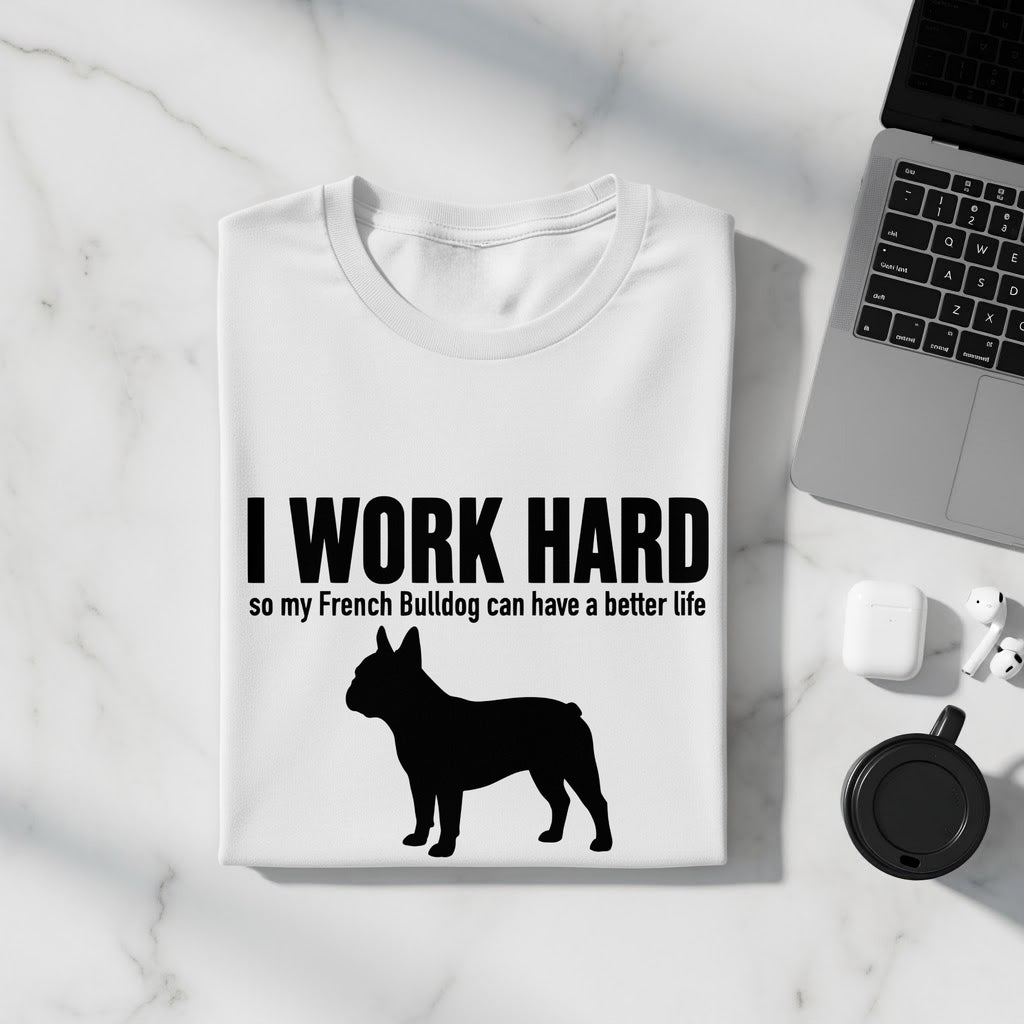 White t-shirt with black text "I WORK HARD" and a French Bulldog silhouette.