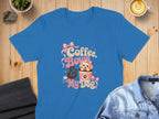 Blue t-shirt with "Coffee, Bows & My Dog" text and a small dog.