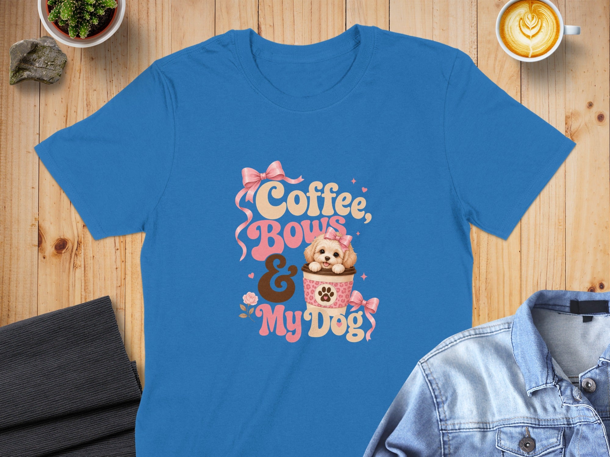 Blue t-shirt with "Coffee, Bows & My Dog" text and a small dog.