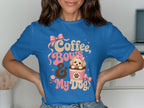 Blue t-shirt with "Coffee, Bows & My Dog" graphic featuring a puppy in a coffee cup.