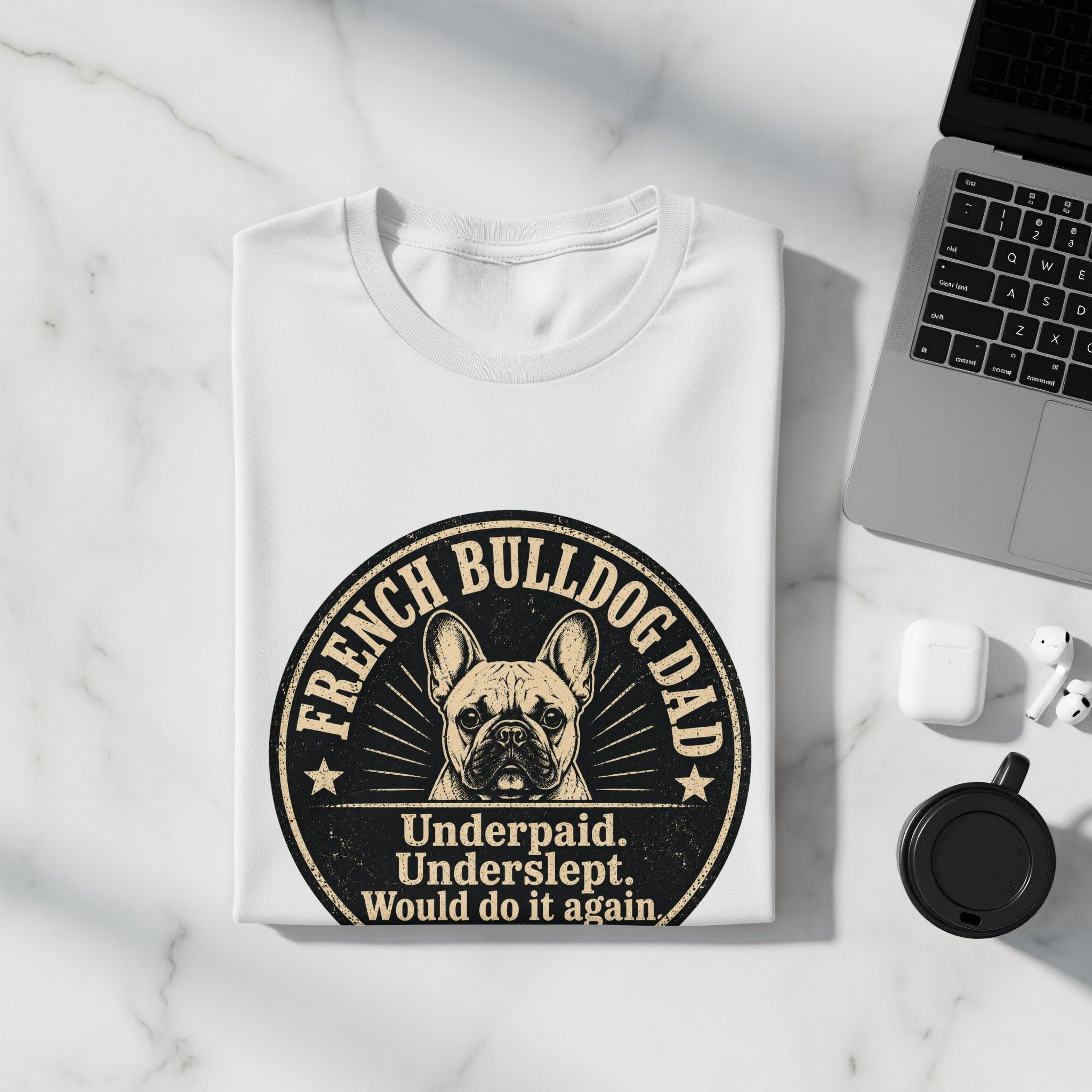 White t-shirt with French Bulldog Dad graphic and text.