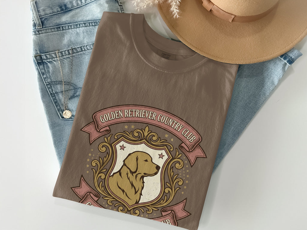 Brown t-shirt with Golden Retriever Country Club crest and dog graphic.