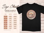 Comfort Colors 1717 heavyweight t-shirt size chart with dachshund road trip graphic.